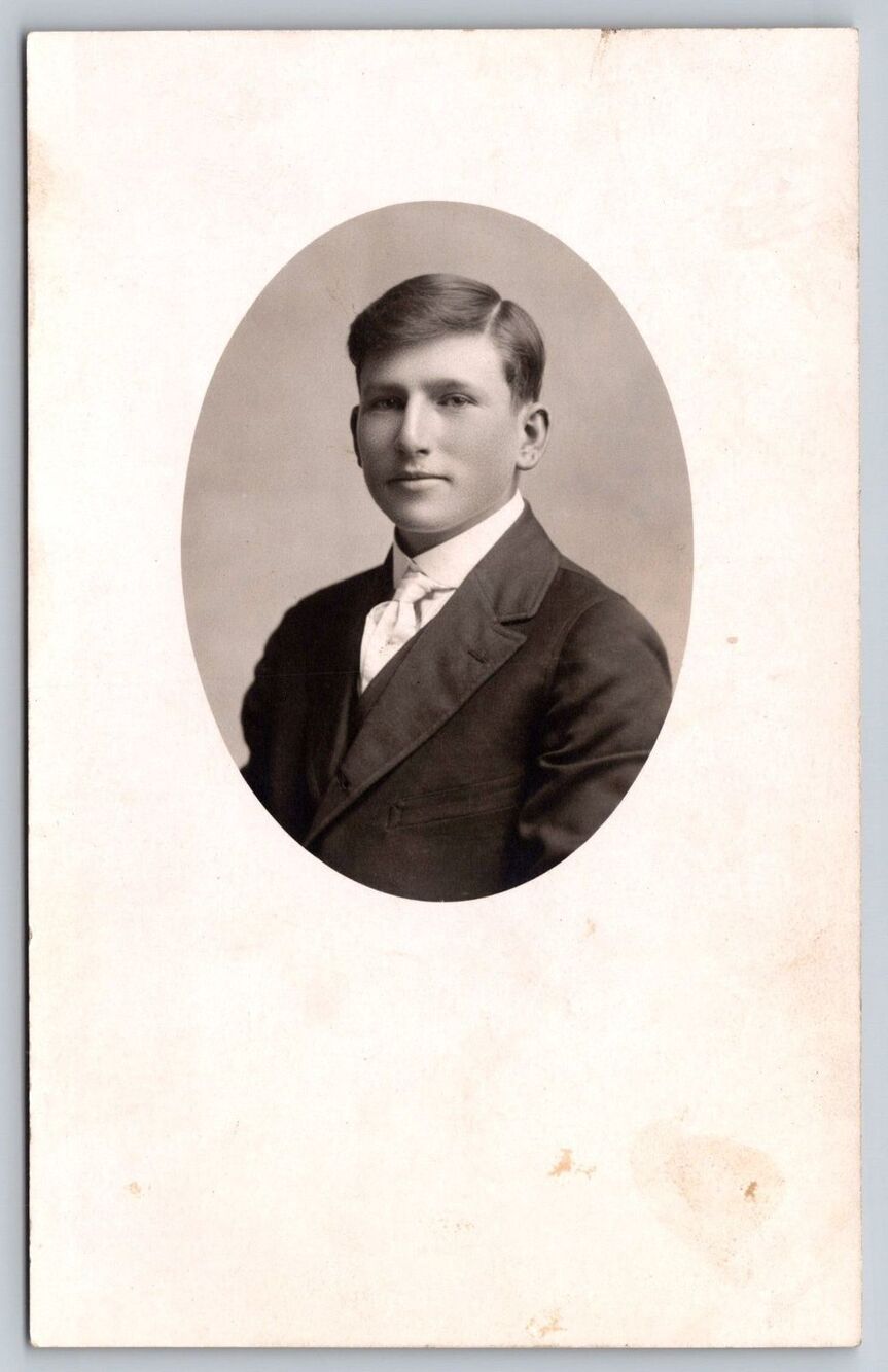 Antique c1910 RPPC Young Man Studio Portrait Suit Tie AZO 4 Triangles Up